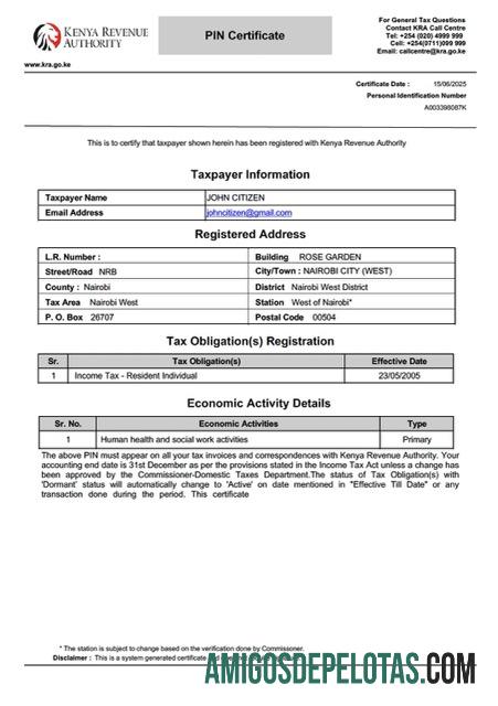 Em branco Kenya Taxpayer Certificate Word And PDF modelo